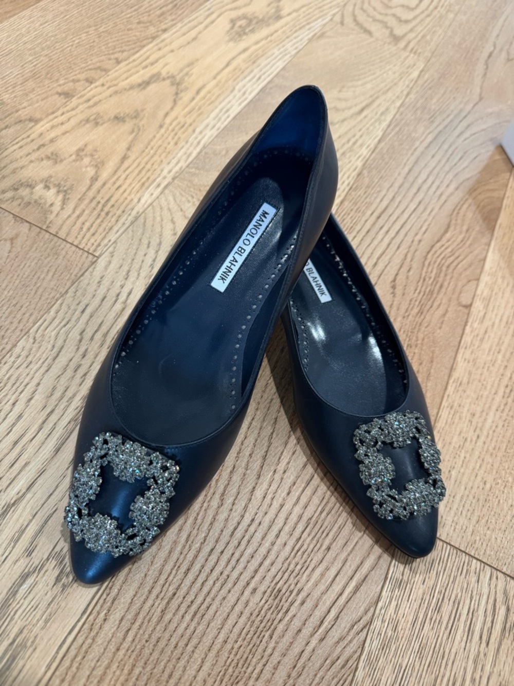 Manolo Blahnik Hangisi Crystal-Embellished Pointed Toe Flats
